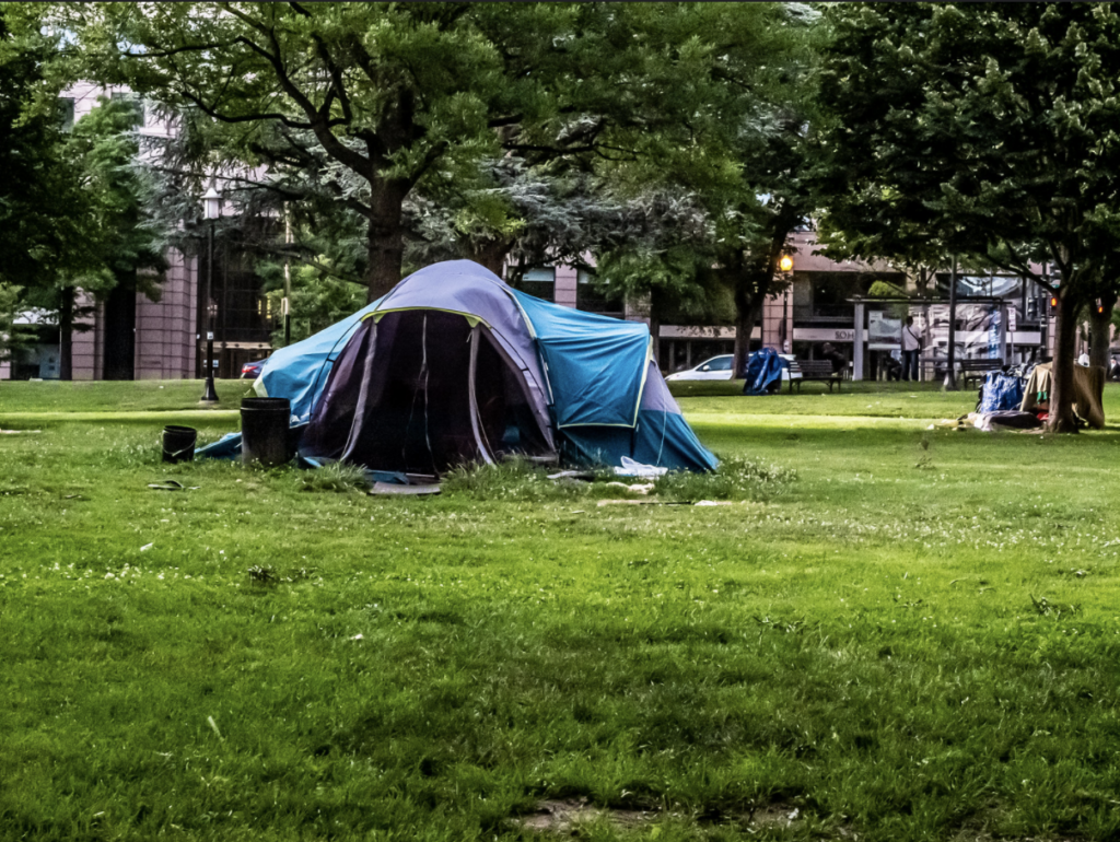 Photo displays a tent in Franklin Park, Washington DC