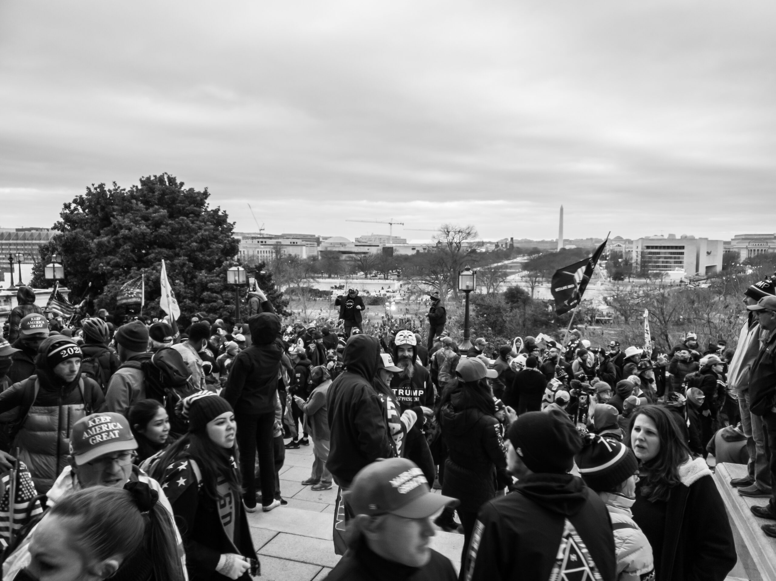 Black and white photo of protestors