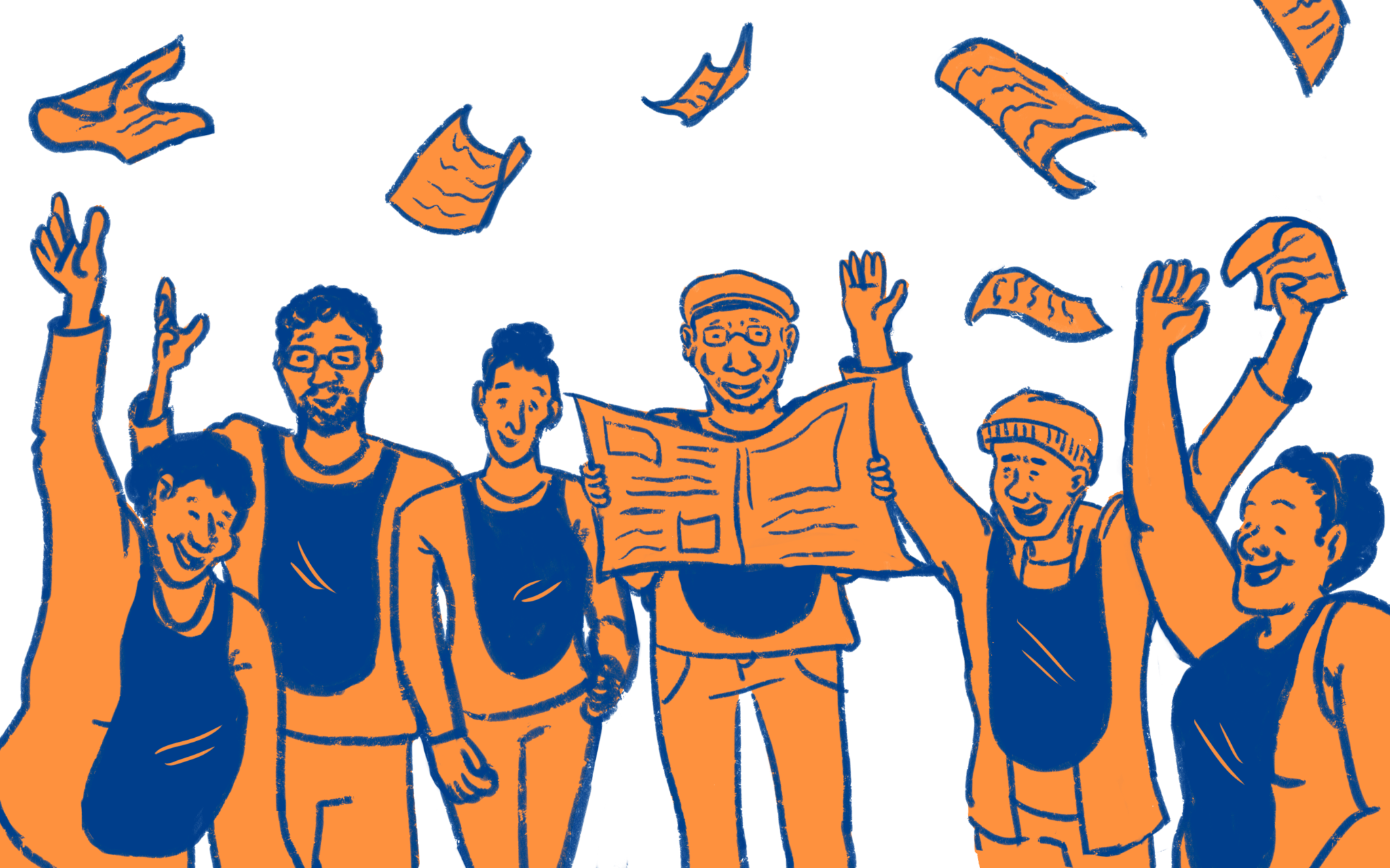 Digital illustration of Street Sense Media vendors wearing vests and celebrating by tossing newspapers into the air.