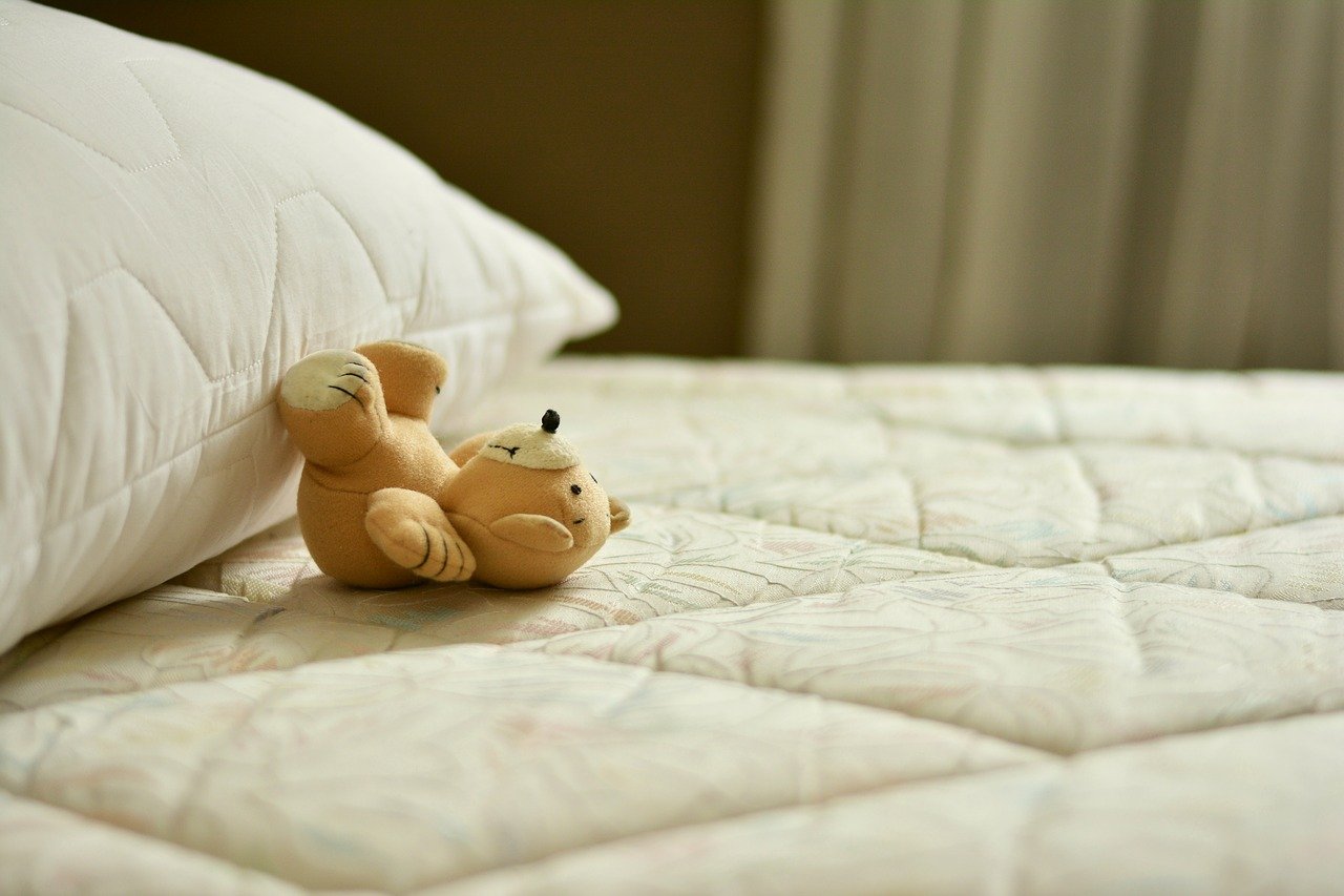 Image of a bed and pillow with a stuffed animal toy laying on it.