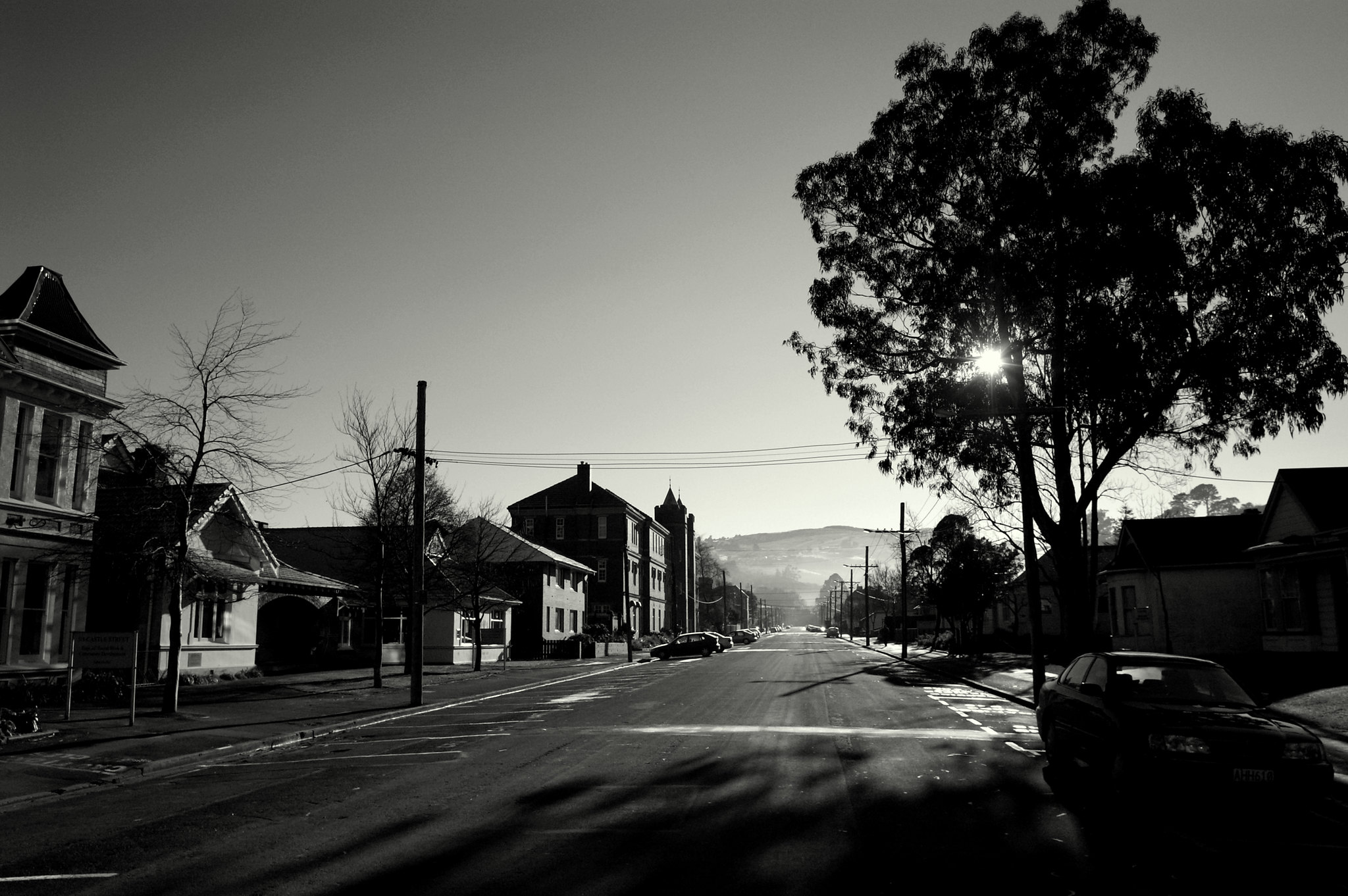 A black and white photo of a desolate street with houses on the left and trees on the right.