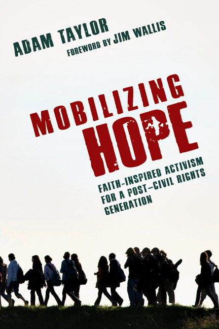 Image of the cover of Adam Taylor's book, Mobilizing Hope. The shadows of people walking forward together is depicted.