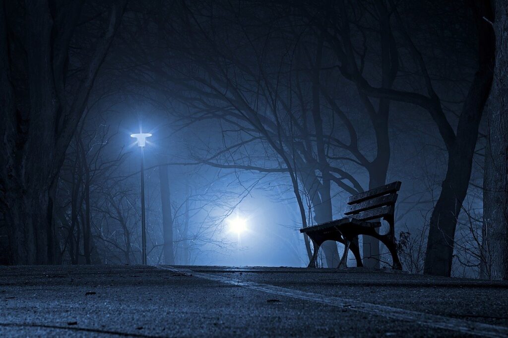 Image of a park bench late at night; street lamps light the background but are obscured by mist.