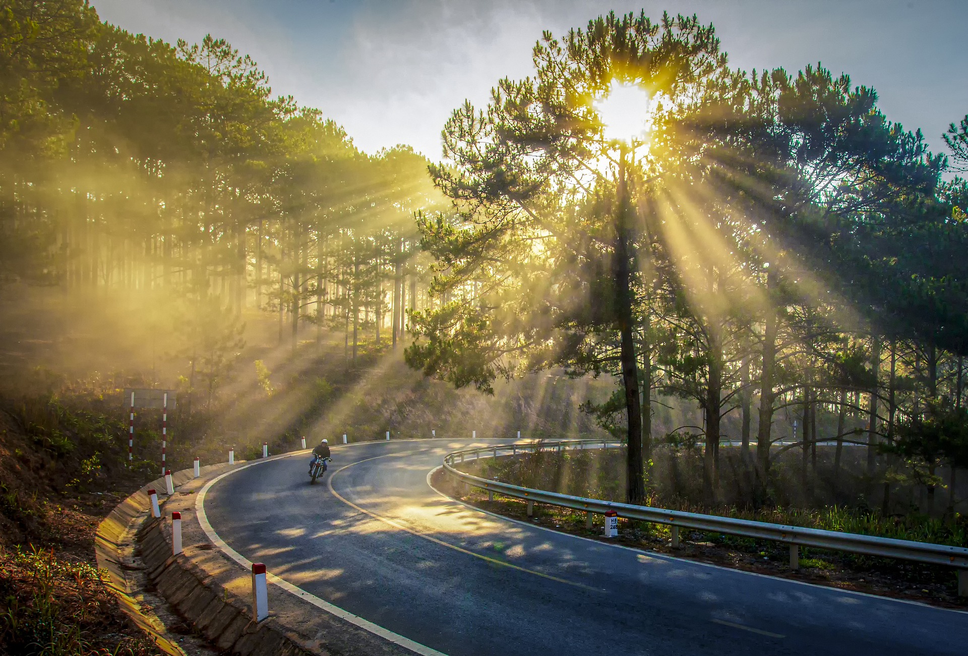 photo of sunshine and a twisting road