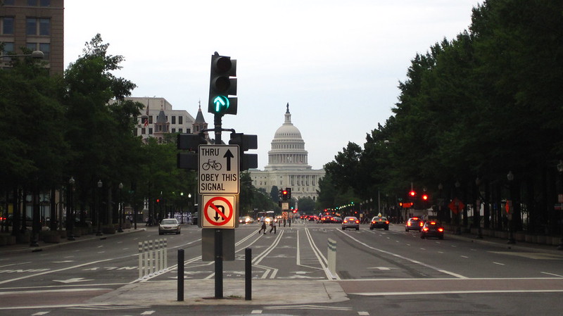 Photo from Pennsylvania Avenue NW in DC. The Capitol is prominent in the background.