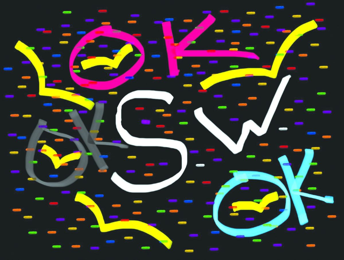 A drawing that repeats "OK" and "SW" multiple times in bright colors