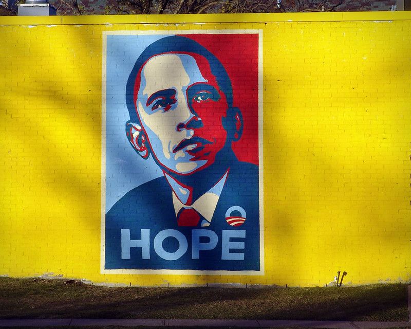 Photo of a mural of Barack Obama depicting the iconic "HOPE" poster