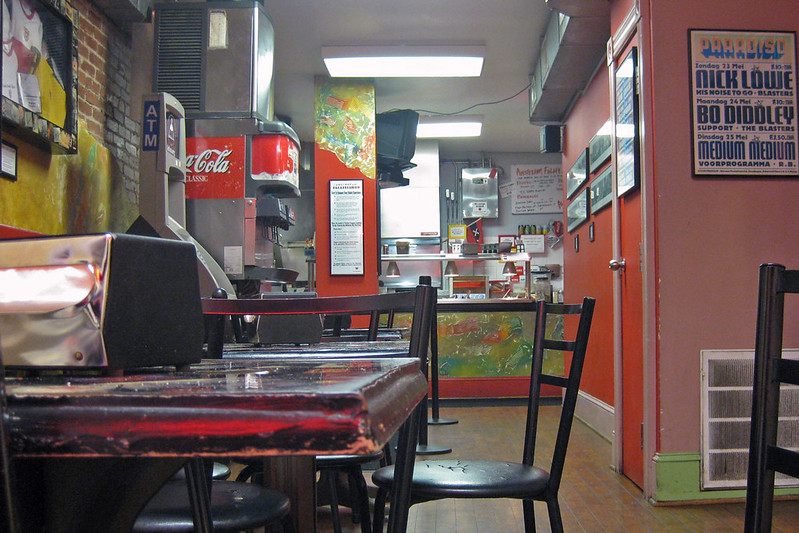 A photo of the inside of the Amsterdam Falafel Shop in Adams Morgan, DC.