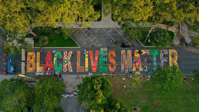 An aerial photograph of the Black Lives Matter mural on a street in St. Petersburg, FL.