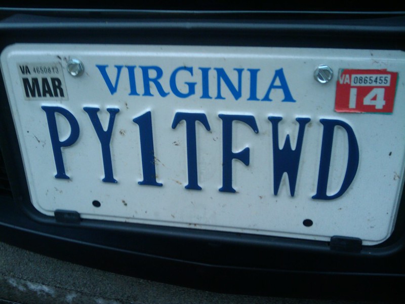 A vanity license plate that reads "PY1TFWD"