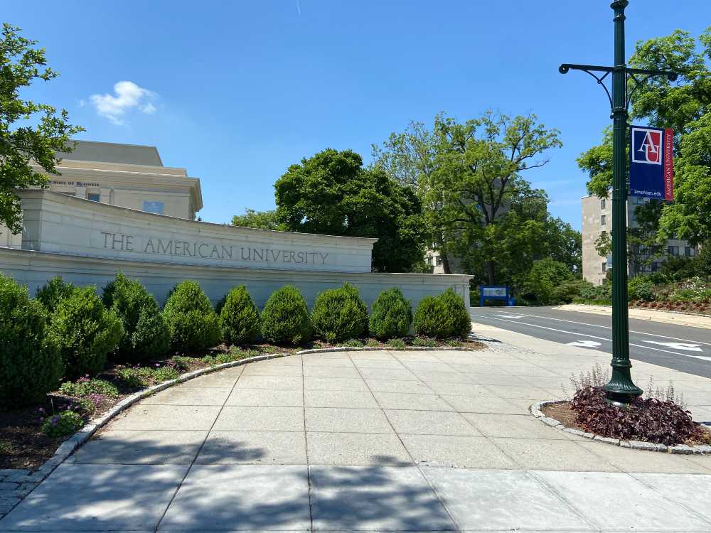 Photo showing the entrance monuments of American University