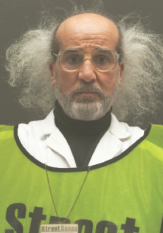 A parody photo of a Street Sense Vendor with mad scientist hair