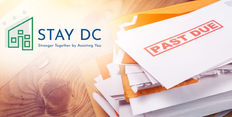 Artwork showing the logo of the Stay DC Program and a stack of overdue bills