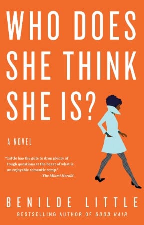 Image of the cover of "Who Does She Think She Is?" Orange background with a cartoon-style drawing of a woman walking.