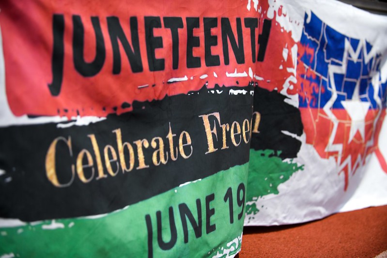 Photo of a banner commemorating Juneteenth