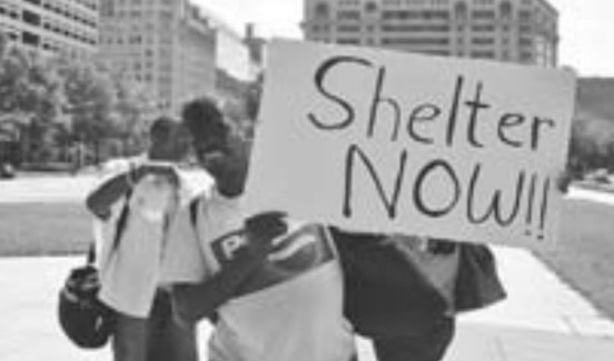Protestors hold up a sign that says, "Shelter Now!!"