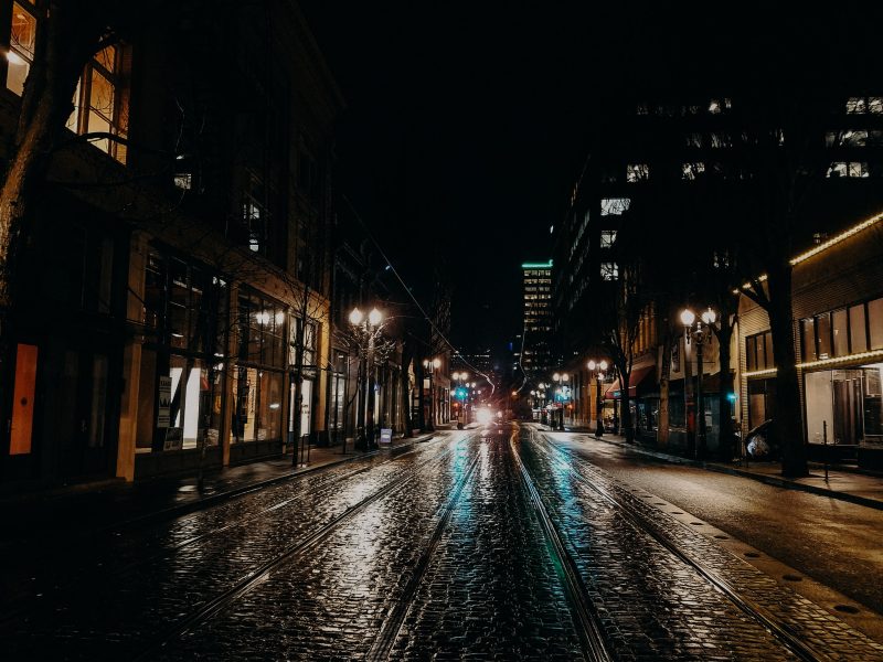 Photo of a dark street in Portland, Oregon