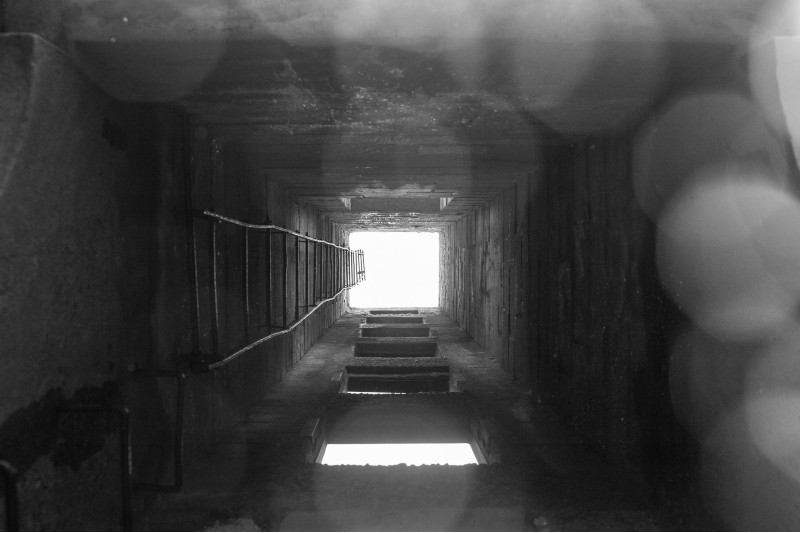 Photo of a long pit with a ladder leading to the light