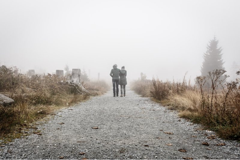 Photo of two people walking along a path together