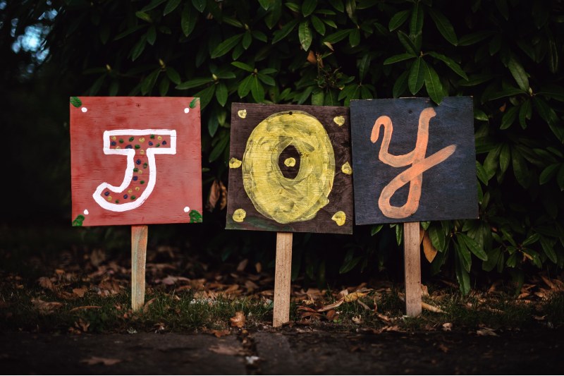 Photo of signs in a yard that colorfully spell out the word "J O Y"