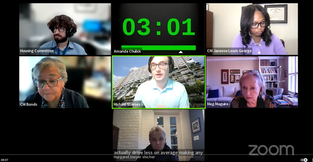 Six people in a Zoom meeting with a timer on one screen.