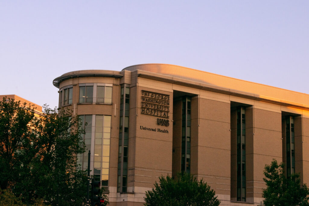 The George Washington Hospital building against the sky.