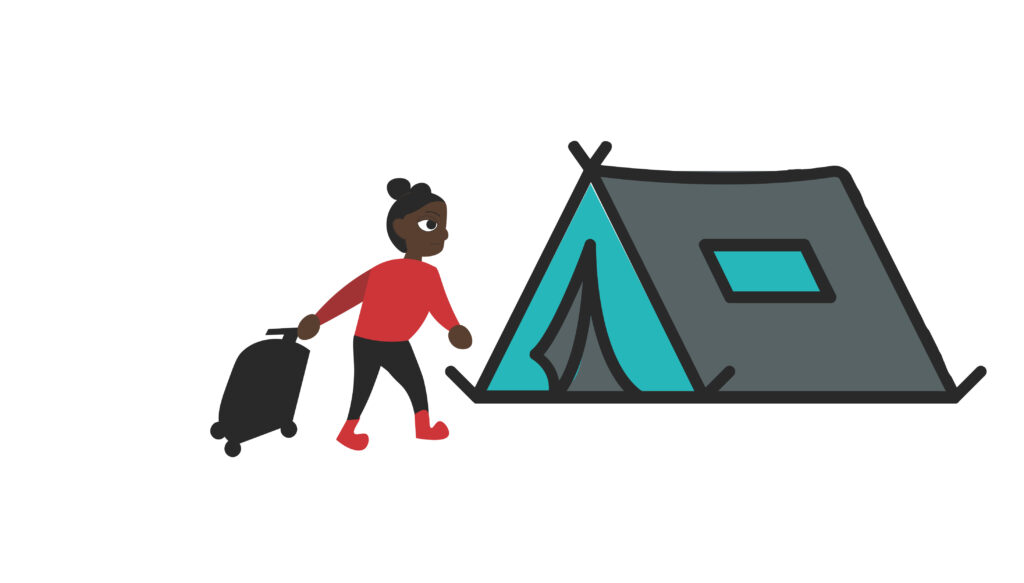 Illustration of person carrying a bag to a tent