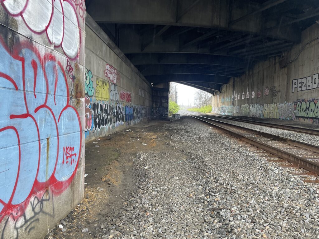 A rail tunnel with blue and red graffiti on each side.