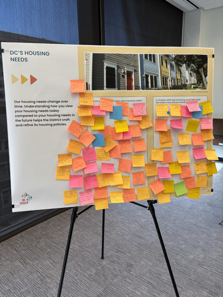 Multicolored sticky notes with feedback on housing and affordability.