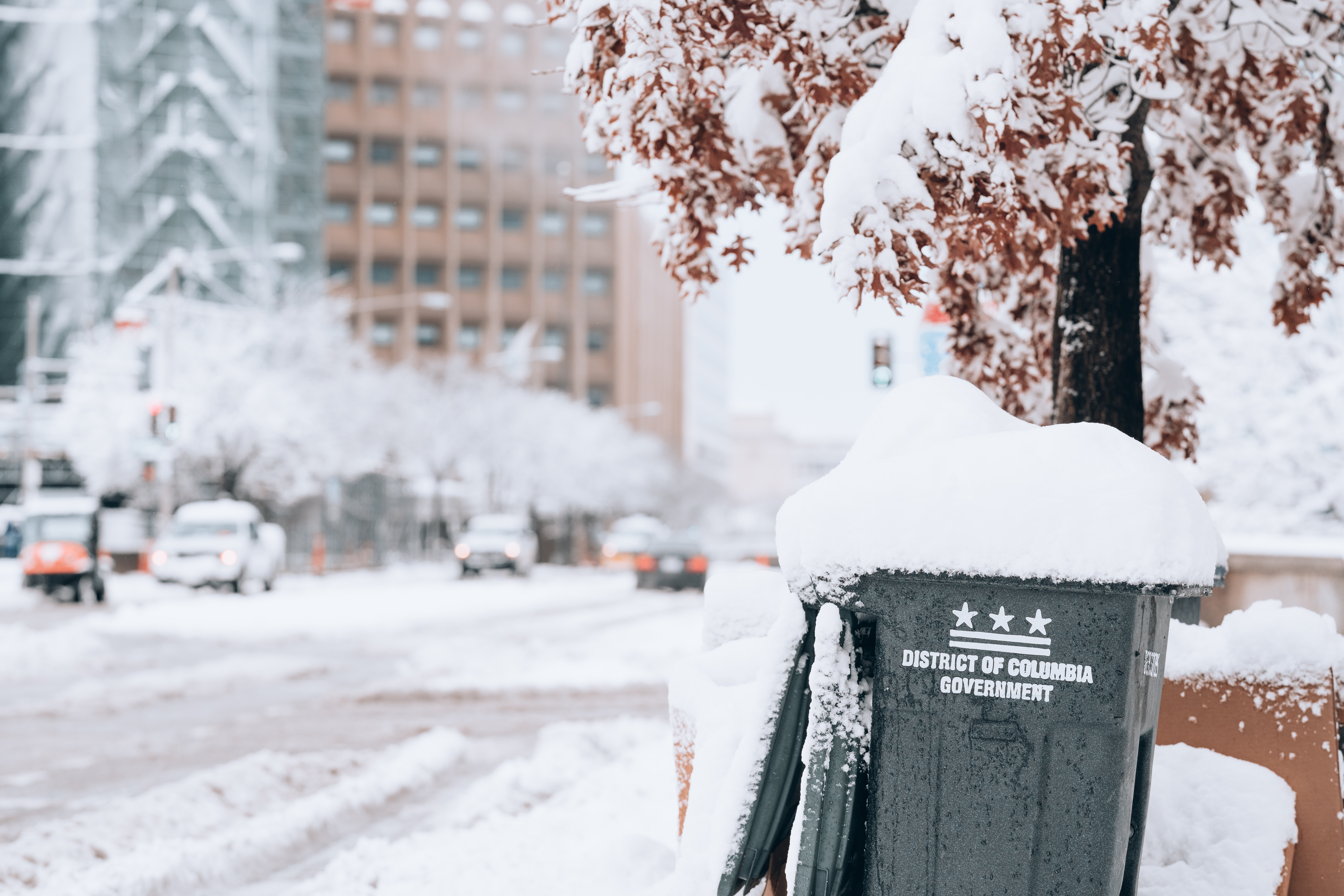 A District trash can sits in a snowstorm.