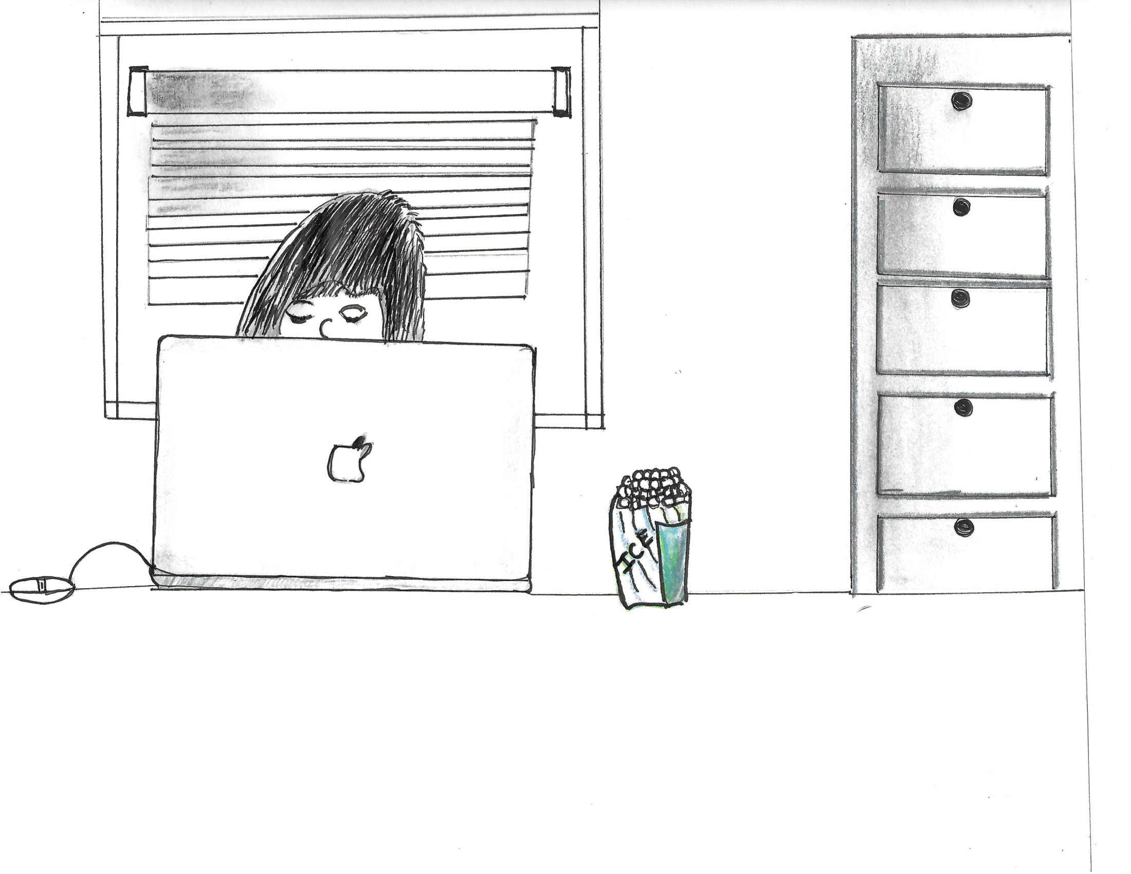 A line drawing of a woman sitting behind a computer in an office.